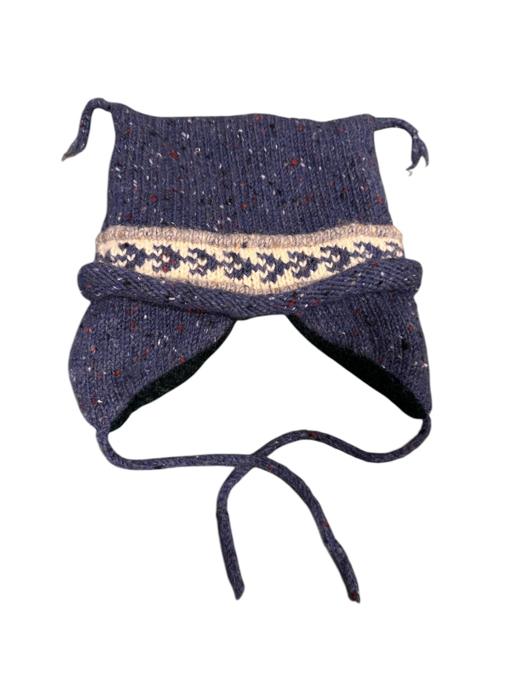 Authentic Irish Hand-knit Blue Wool Earflap Hat with Cream Fair Isle Band